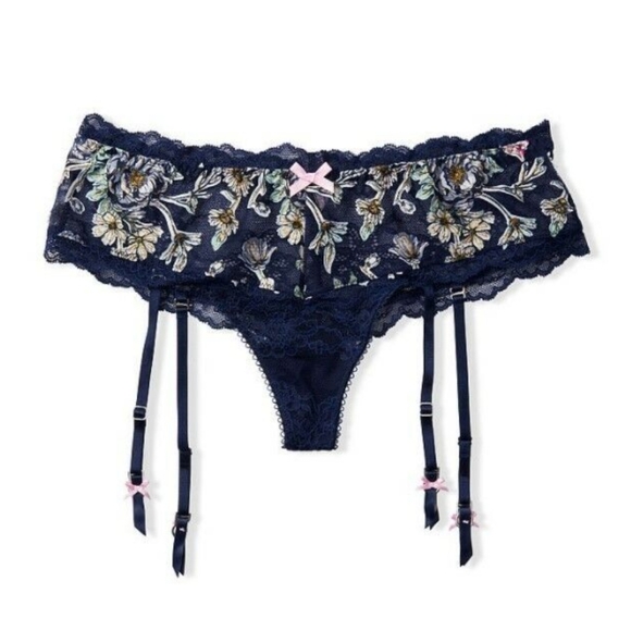 Victoria's Secret DREAM ANGELS Navy Floral Thong Garter Belt Panty - Picture 5 of 5